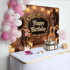Lofaris Rustic Western Birthday Backdrop with Cowboy Boots, Cactus, and Guitar, Elegant Wooden Wall Photography Background for Party Decor