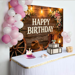 Lofaris Rustic Western Happy Birthday Backdrop with Cowboy Boots and Hat, Floral Wood String Lights Background for Party
