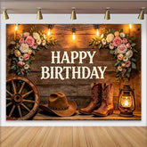 Lofaris Rustic Western Happy Birthday Backdrop with Cowboy Boots and Hat, Floral Wood String Lights Background for Party