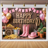 Lofaris Rustic Wood Pink Cowgirl Birthday Backdrop with Gold Balloons, Western Party Decor for Girls Photoshoot