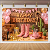 Lofaris Pink Cowgirl Happy Birthday Backdrop with Rustic Wood and Cacti, Western Themed Photo Booth Background for Girls Party Decoration