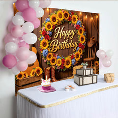 Lofaris Rustic Sunflower Cowboy Happy Birthday Backdrop with Guitar and Boots, Western Themed Party Background for Photoshoot Decoration
