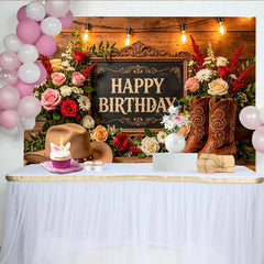 Lofaris Rustic Western Floral Happy Birthday Backdrop with Cowboy Hat and Boots, Wooden Background for Party Decoration