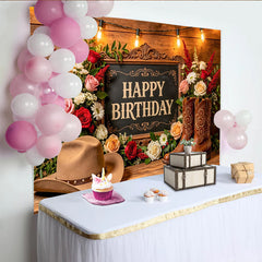 Lofaris Rustic Western Floral Happy Birthday Backdrop with Cowboy Hat and Boots, Wooden Background for Party Decoration