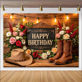 Lofaris Rustic Western Floral Happy Birthday Backdrop with Cowboy Hat and Boots, Wooden Background for Party Decoration