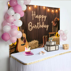 Lofaris Rustic Wood Country Happy Birthday Backdrop with Sunflowers and Guitar, Western Photo Background for Party Decor and Photoshoot