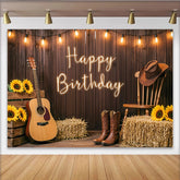 Lofaris Rustic Wood Country Happy Birthday Backdrop with Sunflowers and Guitar, Western Photo Background for Party Decor and Photoshoot