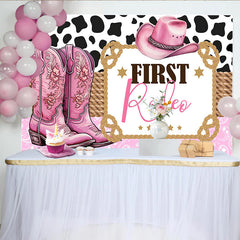 Lofaris Pink Cowgirl First Rodeo Birthday Backdrop with Boots and Hat, Western Theme Party Decoration Background for Baby Girl Photoshoot