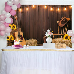 Lofaris Rustic Wooden Wall Western Photography Backdrop with String Lights and Guitar, Country Farm Photo Background for Studio Portrait