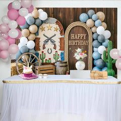 Lofaris Western Happy Birthday Backdrop with Wooden Door, Wagon Wheel and Horseshoe, Rustic Party Photography Background for Kids