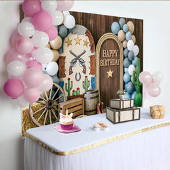 Lofaris Western Happy Birthday Backdrop with Wooden Door, Wagon Wheel and Horseshoe, Rustic Party Photography Background for Kids