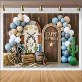 Lofaris Western Happy Birthday Backdrop with Wooden Door, Wagon Wheel and Horseshoe, Rustic Party Photography Background for Kids