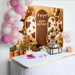 Lofaris Western Cowboy Birthday Backdrop with Balloons and Cow Print, Farm Themed Photography Background for Kids Party Decoration