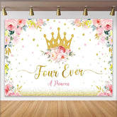 Lofaris Golden Glitter Crown Princess 4th Birthday Backdrop with Floral Design, White Party Background for Girls Photoshoot