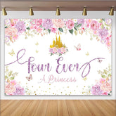 Lofaris Pink Purple Floral Princess 4th Birthday Backdrop with Golden Castle, Glittery four Ever A Princess Background for Girls Party Decor