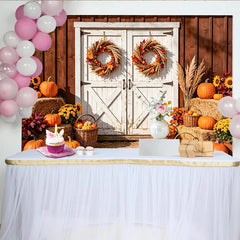 Lofaris Rustic Barn Door Thanksgiving Backdrop with Pumpkins and Autumn Wreaths, Fall Harvest Photography Background for Seasonal Decor