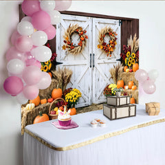 Lofaris Rustic Autumn Barn Door Backdrop with Pumpkins, Sunflowers and Fall Wreaths, Farmhouse Harvest Photography Background Prop