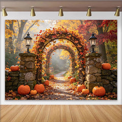 Lofaris Vibrant Fall Leaves and Pumpkins Autumn Photography Backdrop, Picturesque Stone Lanterns Background for Seasonal Photoshoots