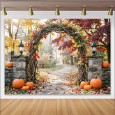 Lofaris Vibrant Autumn Archway Holiday Backdrop with Fall Leaves and Pumpkins, Scenic Photography Background for Harvest Party Decor