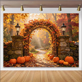 Lofaris Autumn Pumpkin Archway Backdrop with Orange Leaves and Lanterns, Fall Holiday Photography Background for Party Decor