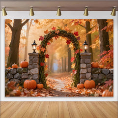 Lofaris Autumn Photography Backdrop with Fall Leaves and Pumpkins, Rustic Archway Studio Background for Seasonal Photoshoot