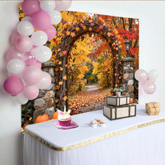 Lofaris Vibrant Autumn Leaves Photography Backdrop with Rustic Archway and Pumpkins, Fall Foliage Studio Background for Photoshoot