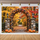 Lofaris Vibrant Autumn Leaves Photography Backdrop with Rustic Archway and Pumpkins, Fall Foliage Studio Background for Photoshoot