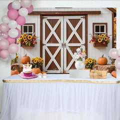 Lofaris White Barn Autumn Harvest Photography Backdrop with Pumpkins and Sunflowers, Rustic Farmhouse Background for Fall Photoshoot