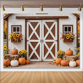 Lofaris White Barn Autumn Harvest Photography Backdrop with Pumpkins and Sunflowers, Rustic Farmhouse Background for Fall Photoshoot