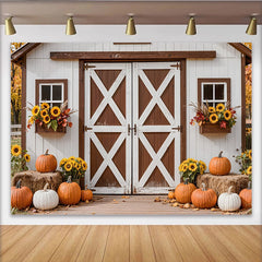 Lofaris White Barn Autumn Harvest Photography Backdrop with Pumpkins and Sunflowers, Rustic Farmhouse Background for Fall Photoshoot