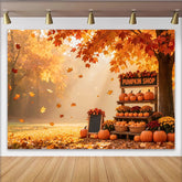 Lofaris Vibrant Autumn Pumpkin Shop Backdrop with Falling Leaves and Harvest Decor, Fall Photography Background for Studio Photoshoot