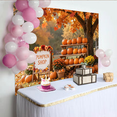 Lofaris Vibrant Autumn Pumpkin Shop Holiday Backdrop with Fall Leaves, Cozy Seasonal Photography Background for Fall Festival Decor
