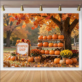 Lofaris Vibrant Autumn Pumpkin Shop Holiday Backdrop with Fall Leaves, Cozy Seasonal Photography Background for Fall Festival Decor