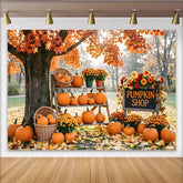Lofaris Autumn Fall Pumpkin Shop Backdrop with Orange Leaves, Harvest Decor Outdoor Scene Background for Seasonal Photoshoot.