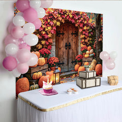 Lofaris Vibrant Autumn Harvest Photography Backdrop with Pumpkins and Fall Leaves, Rustic Wooden Door Background for Seasonal Portraits