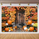 Lofaris Rustic Wooden Door Autumn Backdrop with Pumpkins and Fall Leaves, Harvest Festival Background for Thanksgiving or Halloween Party Decor