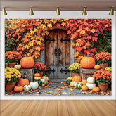 Lofaris Rustic Autumn Harvest Holiday Backdrop with Pumpkins and Fall Leaves, Wooden Door Photography Background for Seasonal Decor