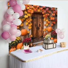 Lofaris Rustic Autumn Harvest Backdrop with Wooden Door and Maple Leaves, Cozy Fall Porch Background for Thanksgiving Party Decor