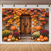 Lofaris Rustic Autumn Harvest Backdrop with Wooden Door and Maple Leaves, Cozy Fall Porch Background for Thanksgiving Party Decor