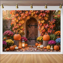 Lofaris Autumn Doorway Holiday Backdrop with Fall Leaves and Pumpkins, Cozy Harvest Photo Background for Seasonal Decor