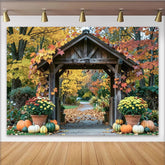 Lofaris Rustic Wooden Archway Autumn Photography Backdrop, Colorful Fall Leaves and Pumpkins Decor for Studio Photoshoot