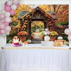 Lofaris Fall Harvest Archway Backdrop with Pumpkins and Leaves, Rustic Wooden Gate Photography Background for Thanksgiving Party