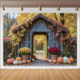 Lofaris Rustic Wooden Archway Fall Pumpkin Holiday Backdrop, Colorful Autumn Leaves and Mums Photography Background