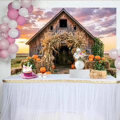 Lofaris Rustic Barn Autumn Harvest Backdrop with Pumpkins and Corn Stalks, Beautiful Farmhouse Photography Background for Fall Party Decor