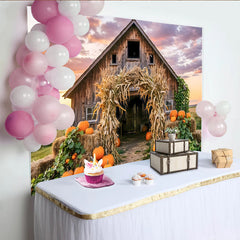 Lofaris Rustic Barn Autumn Harvest Backdrop with Pumpkins and Corn Stalks, Beautiful Farmhouse Photography Background for Fall Party Decor
