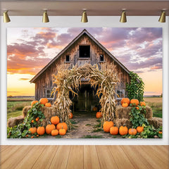 Lofaris Rustic Barn Autumn Harvest Backdrop with Pumpkins and Corn Stalks, Beautiful Farmhouse Photography Background for Fall Party Decor