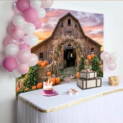 Lofaris Rustic Wooden Barn Autumn Harvest Backdrop with Pumpkins and Corn Stalk Arch, Vibrant Sunset Background for Fall Party Decor