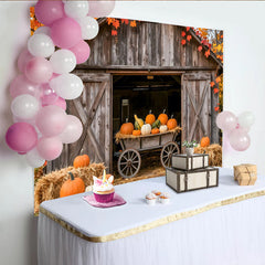 Lofaris Rustic Autumn Barn Photography Backdrop with Pumpkins, Fall Harvest Photo Booth Background for Studio