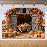 Lofaris Rustic Wooden Barn Autumn Harvest Holiday Backdrop with Pumpkins and Hay Bales, Farmhouse Photography Background for Fall Decor