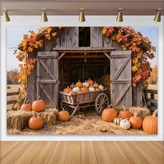 Lofaris Rustic Wooden Barn Autumn Harvest Holiday Backdrop with Pumpkins and Hay Bales, Farmhouse Photography Background for Fall Decor